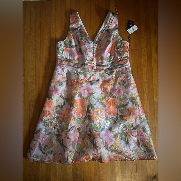 Adrianna Papell Jacquard Floral Print V Neck Sleeveless A Line Dress, 20W, NWT - Picture 2 of 11